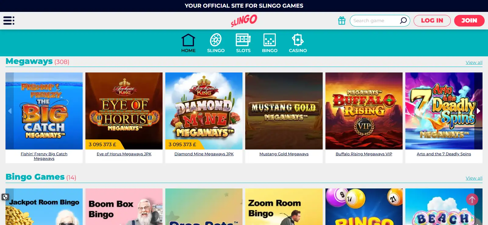 Slingo game library interface showing casino game categories