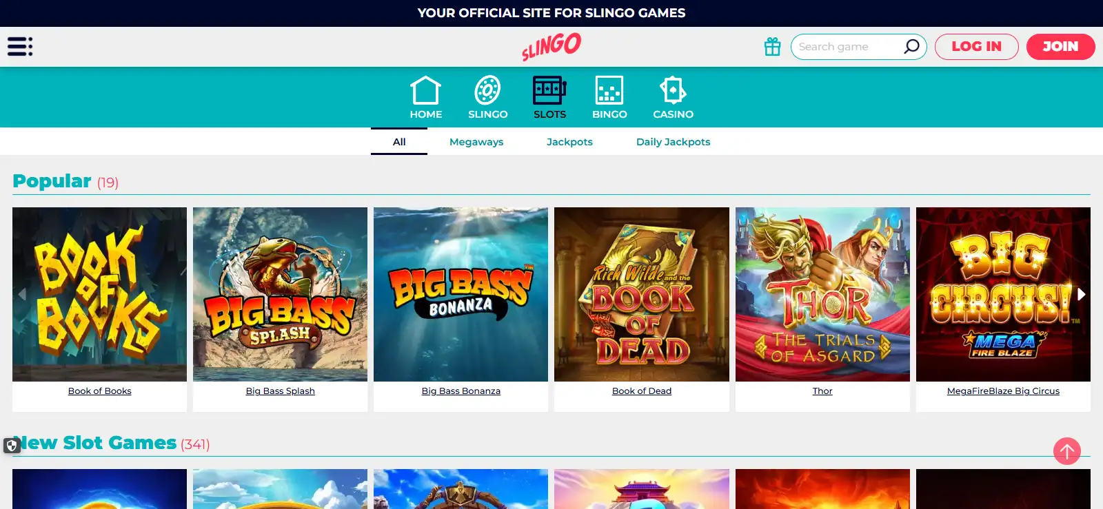 Current Slingo slots lobby showing standard online slot titles