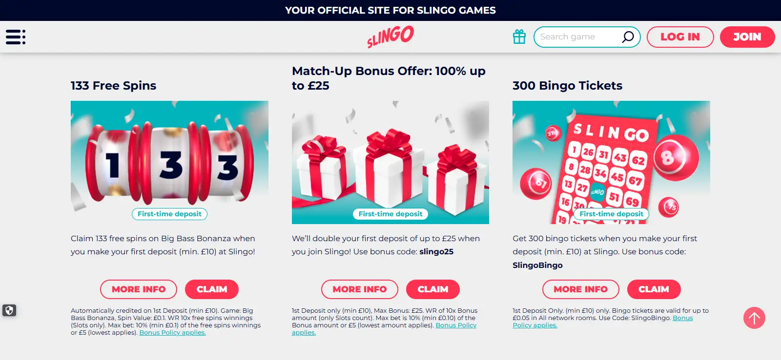 Current Slingo promotions page showing the three new-player welcome choices