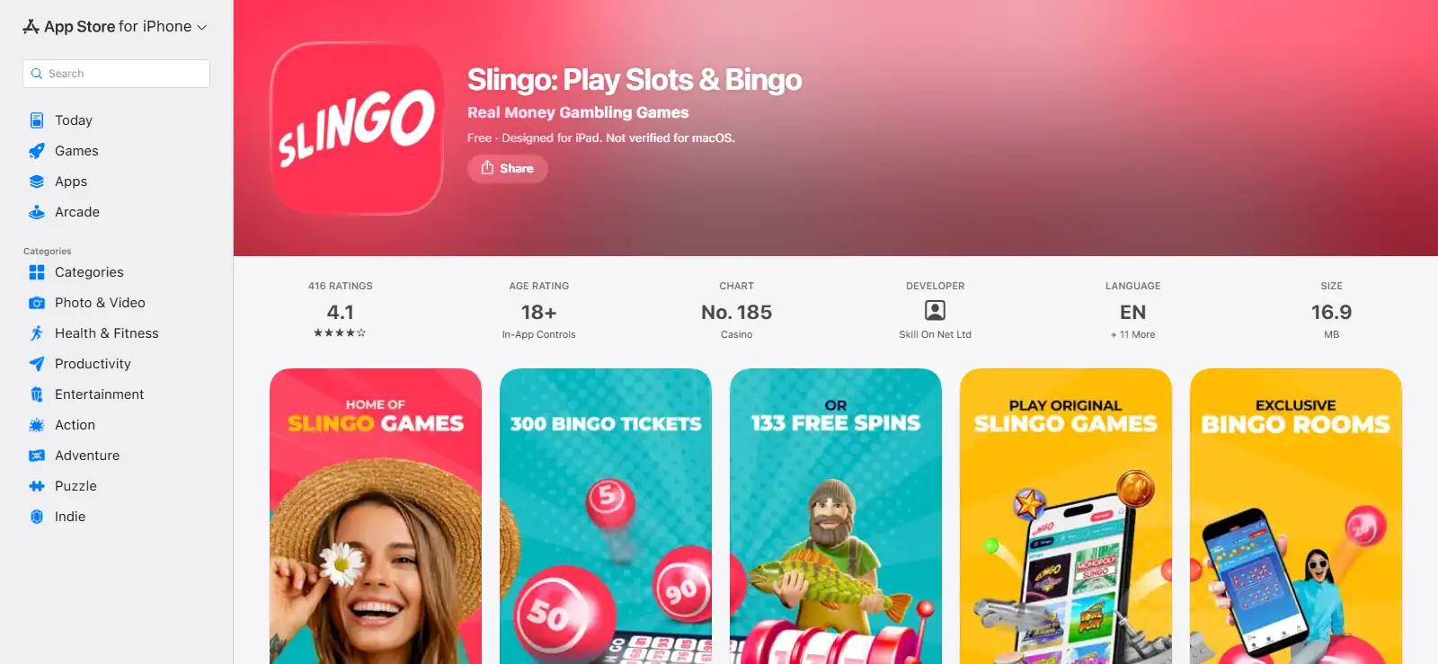 Official Slingo Play Slots and Bingo listing in the UK App Store