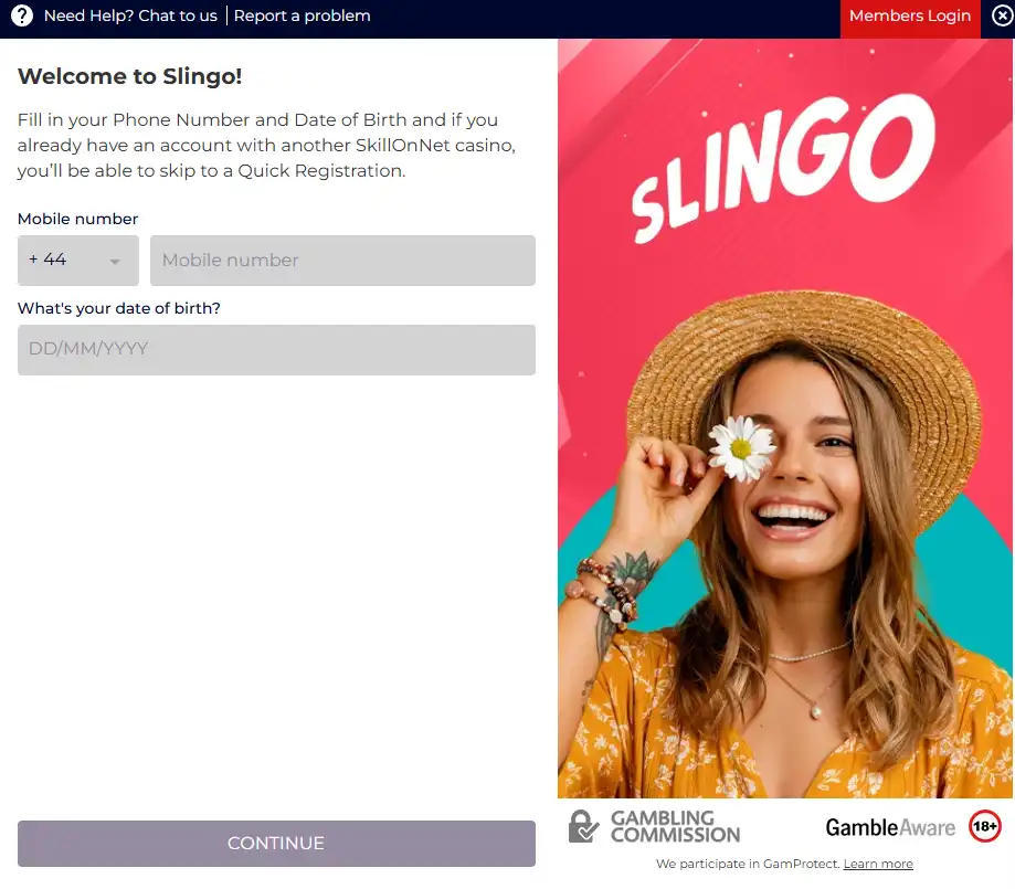 Official Slingo account registration screen for a UK player