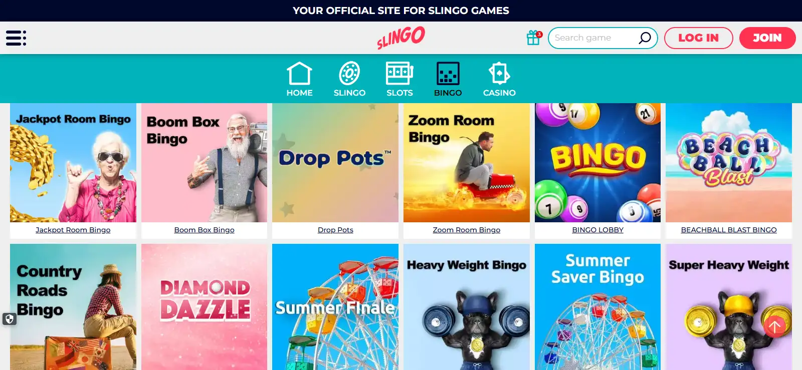 Official Slingo bingo page showing current bingo formats and room selection