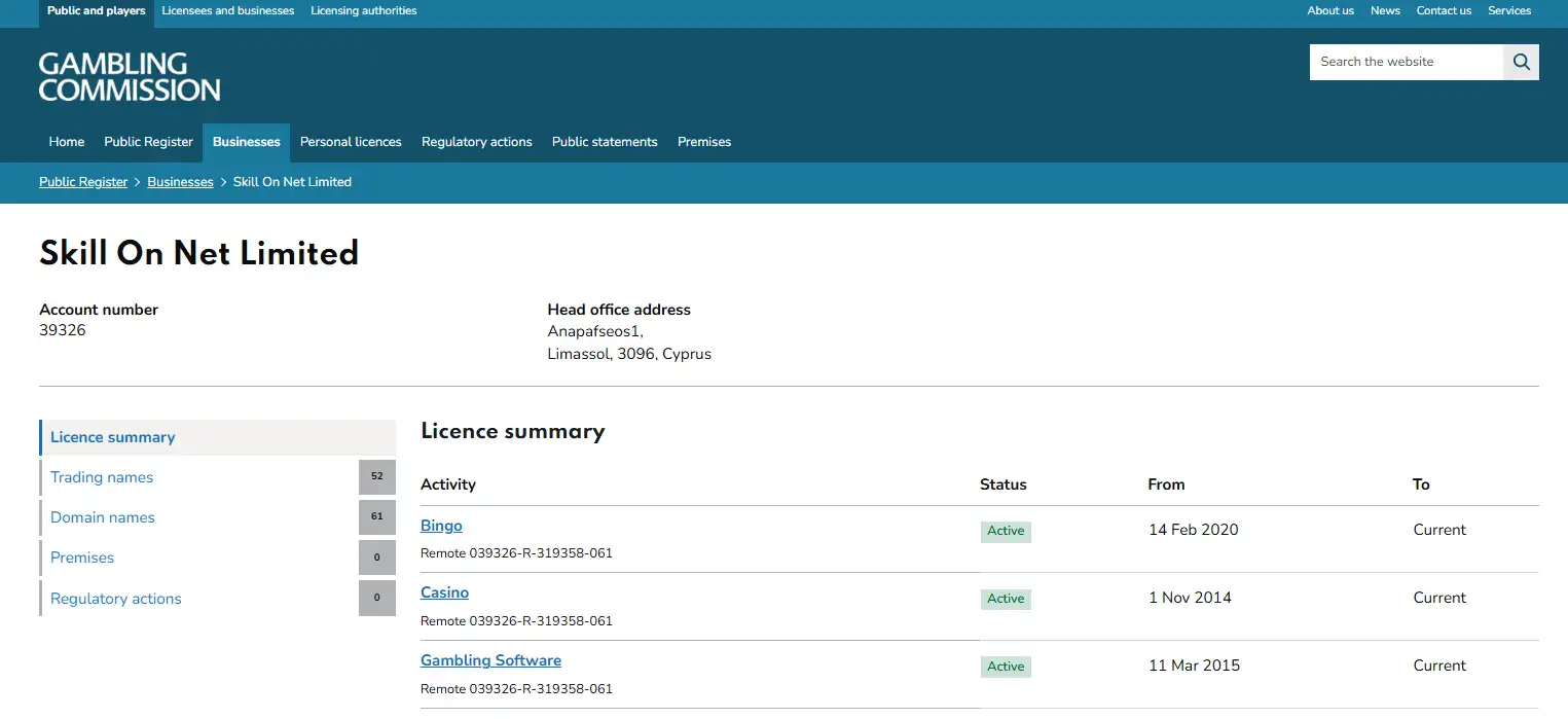 UK Gambling Commission public register entry linking Slingo and slingo.com to Skill On Net Limited