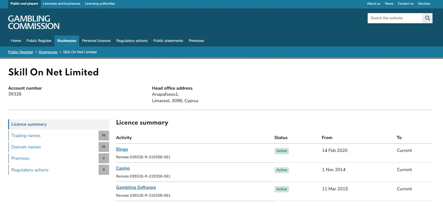 UK Gambling Commission register entry linking Skill On Net Limited account 39326 with Slingo